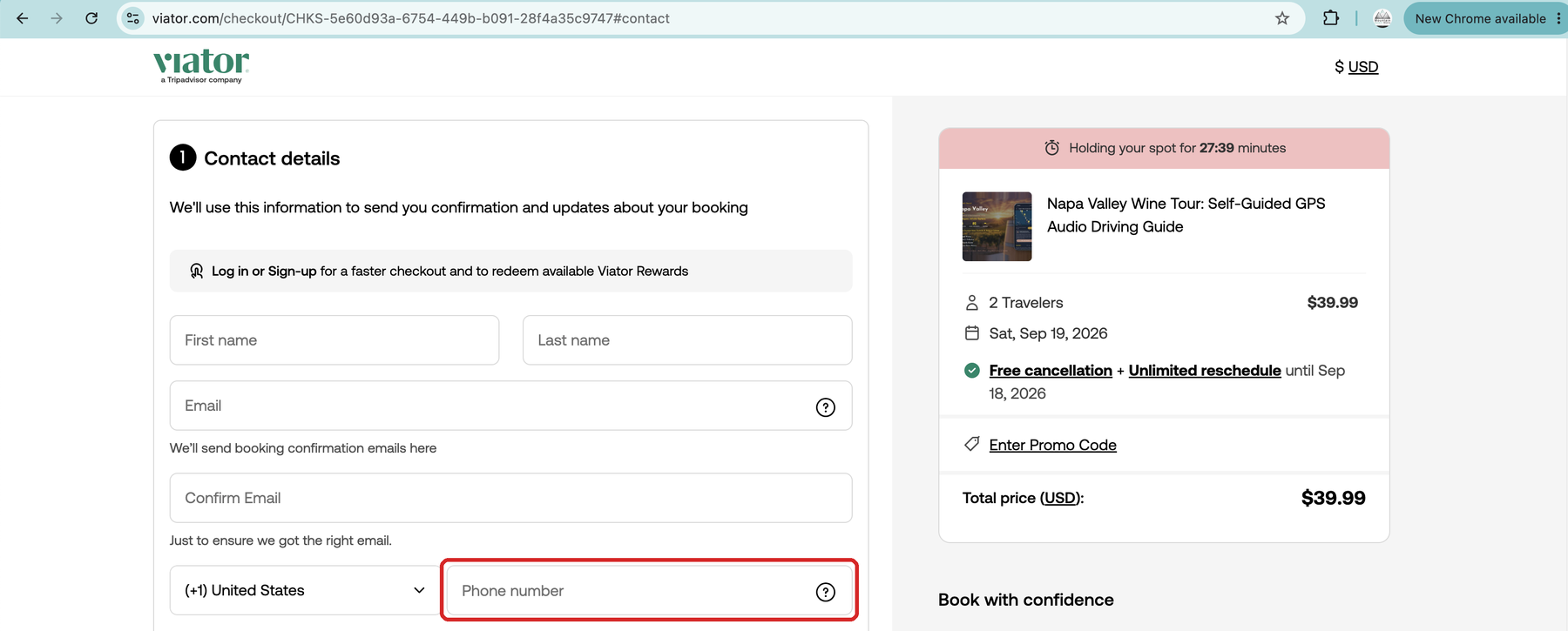 Viator checkout, Contact details step, showing the phone number field where the mobile number is collected for the booking