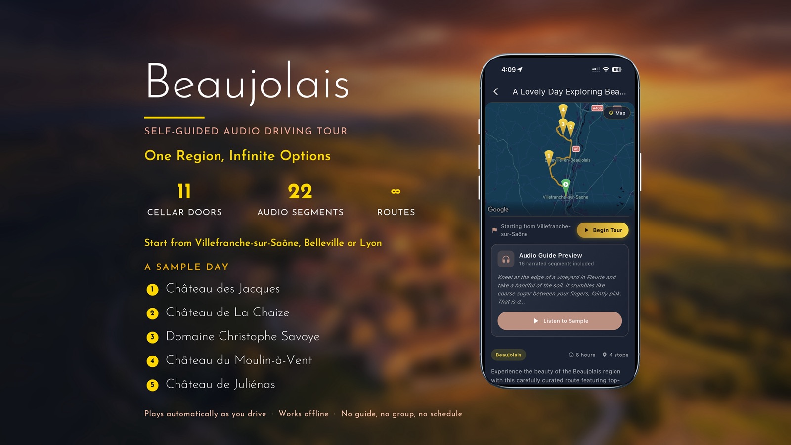Hilltop village among Beaujolais vineyards