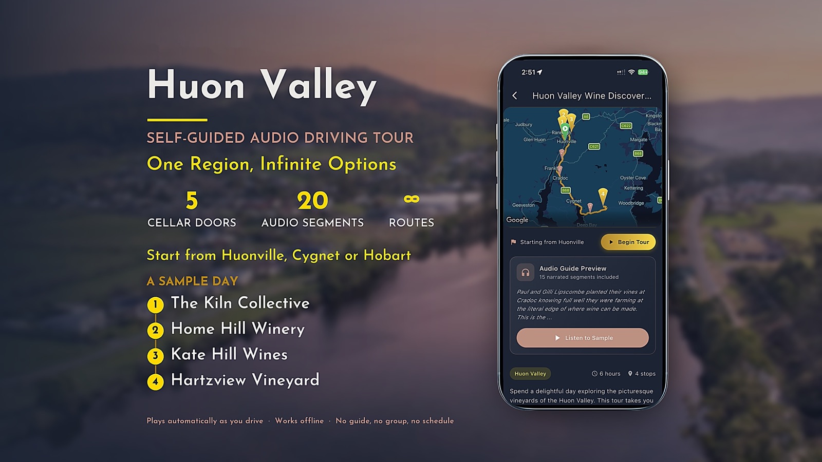 Huon Valley self-guided wine tour listing card